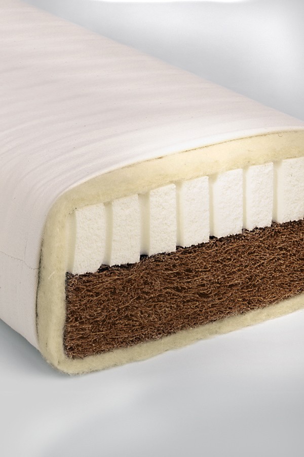 Querschnitt von Kinder-/Jugendmatratze mit 90x200cm aus bio Wolle (kbT), Baumwolle (kbA), Naturkautschuk, latex. Kokos