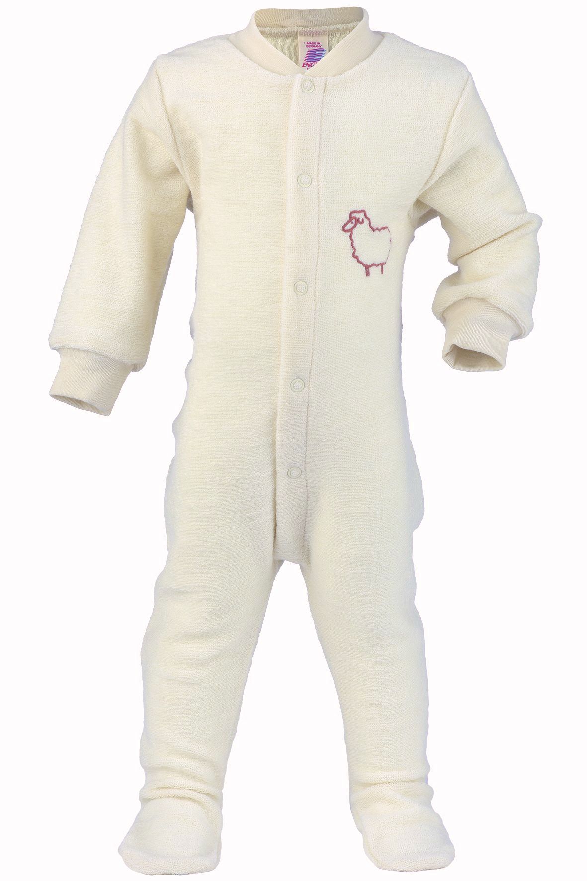 heller Einteilerschlafanzug mit Schaf auf der Brust aus bio Wolle (kbT), Freisteller