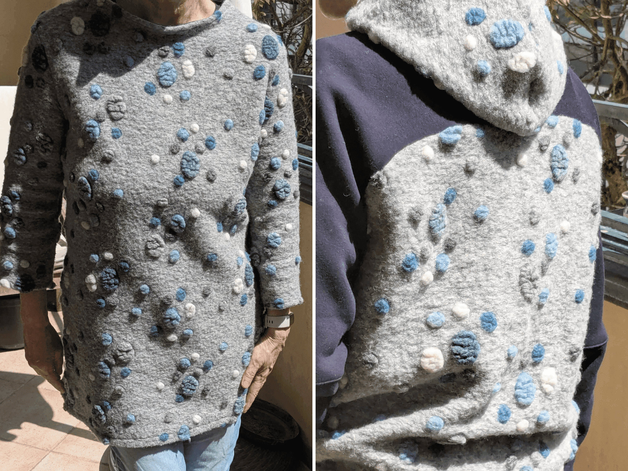 Stück für Stück #01: Kurzkleid und Hoodie aus Musterwalk Collage von Hoodie in blau und grauem Musterwalk vom Finkhof