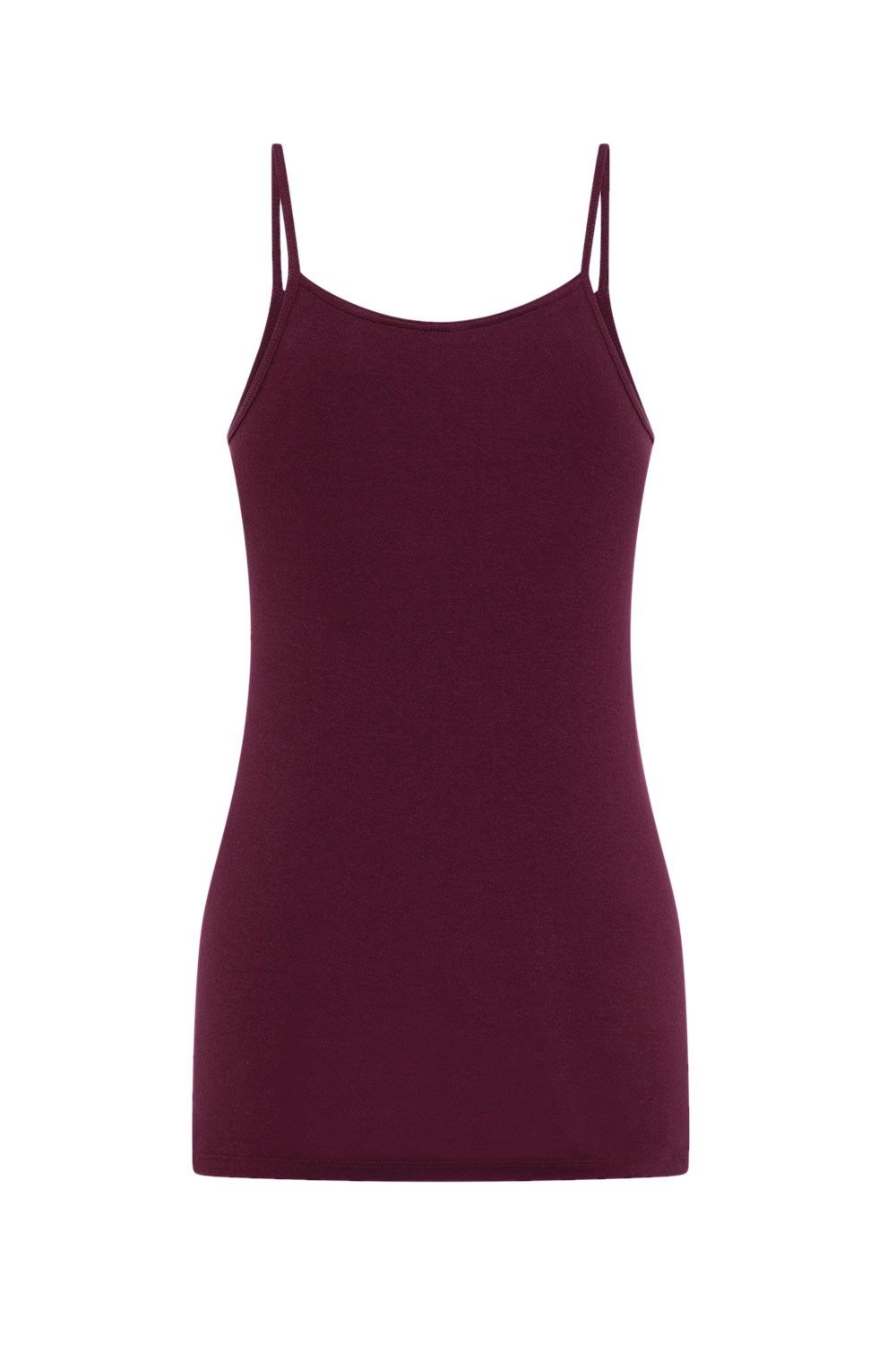 burgunderrotes Top mit Spaghettiträgern aus bio Baumwolle (kbA), Freisteller von hinten