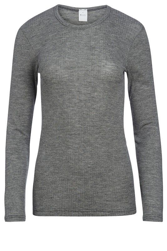 graues Langarmshirt aus bio Baumwolle (kbA), bio Wolle (kbT) und Seide mit Rundhalsausschnitt, Freisteller von vorne Damen